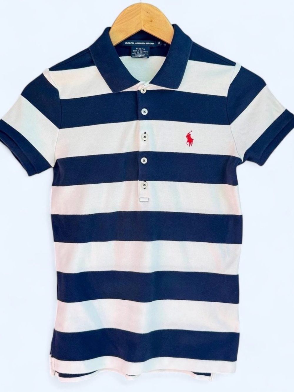 Ralph Lauren Navy and White Striped Polo Shirt with Red Pony